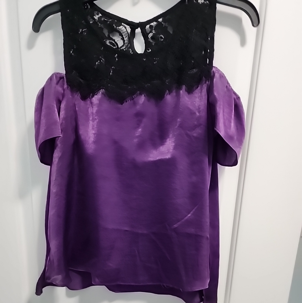 Elegant Purple and Black Asymmetrical Short Sleeve Blouse